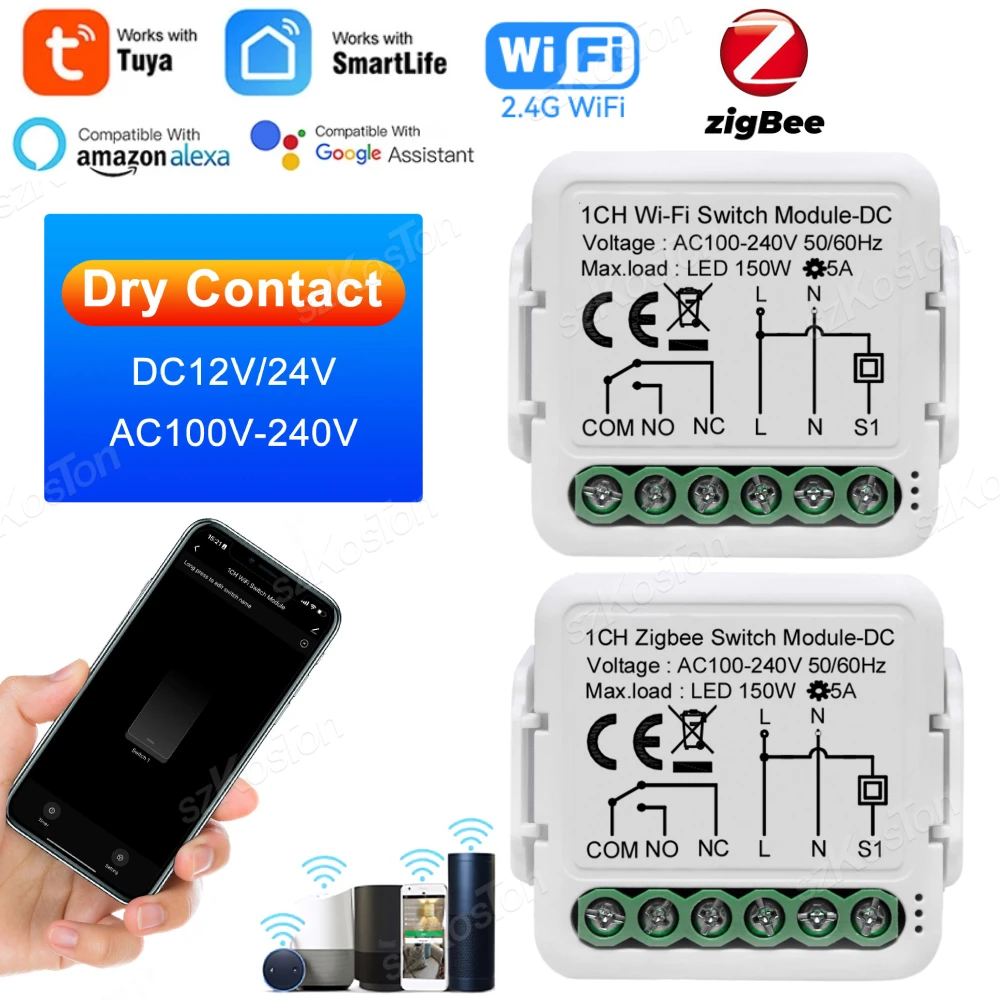 Tuya Zigbee Wifi Smart Switch Module Dc 12/24V Ac 100-240V Contatto A Secco Smart Home 5A Breaker Relay Funziona Con Alexa Google