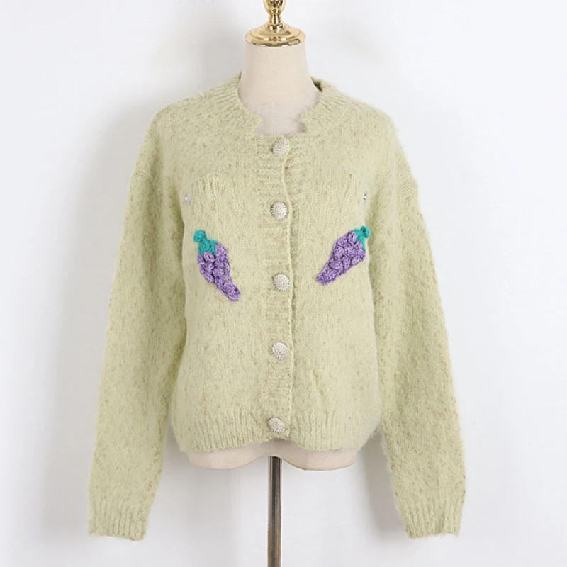 Vintage Winter Mohair Elegante Uva Ricama Maglione Cardigan Retro Chic Sweet Mori Girl Cottagecore Shabby Harajuku Jumpers