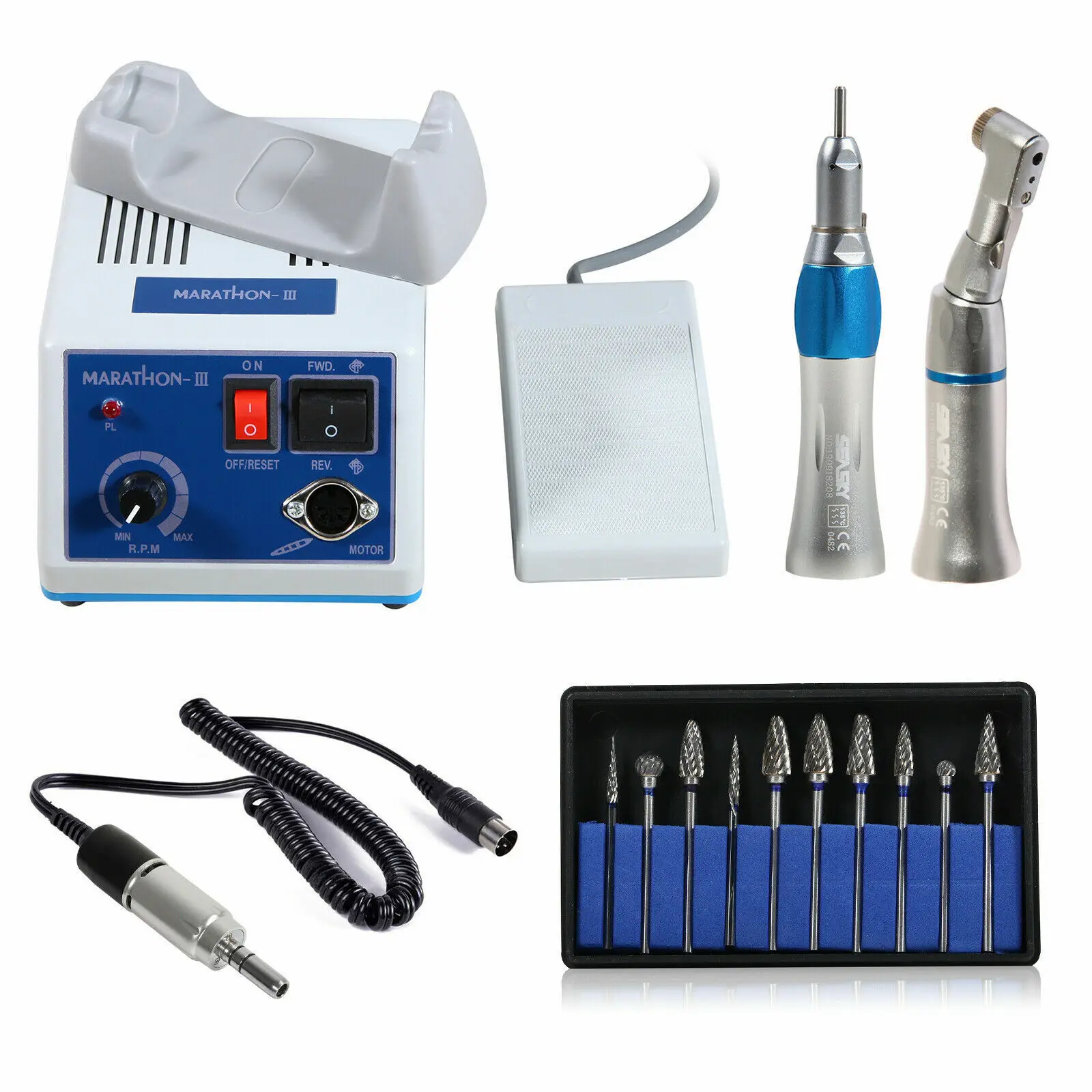Dental Lab Marathon Micromotore Elettrico N3/Nsk Style Low Speed Straight Nosecone Contrangolo Manipolo + 10 Pezzi Fresa In Metallo Duro Ep