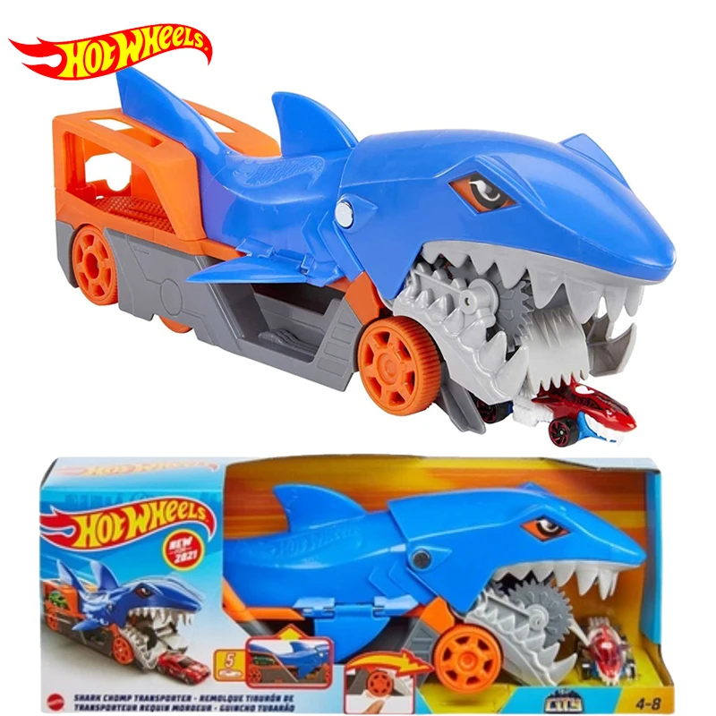 Original Hot Wheels Car Shark Chomp Transporter Playset Diecast 1:64 Vioture Shark Bite Hauler Bambini Ragazzi Giocattoli Per Bambini Regalo