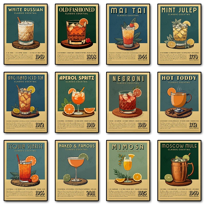 Vintage Cocktail Canvas Painting Drinks Whisky Sour Aperol Spritz Mojito Retro Cocktail Poster Stampe Bar Club Wall Art Decor