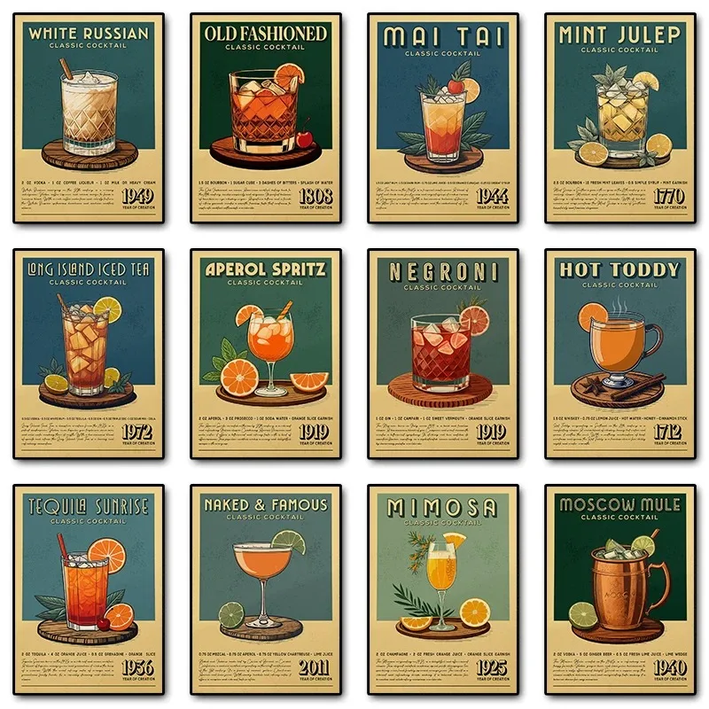 Vintage Cocktail Canvas Painting Drinks Whisky Sour Aperol Spritz Mojito Retro Cocktail Poster Stampe Bar Club Wall Art Decor