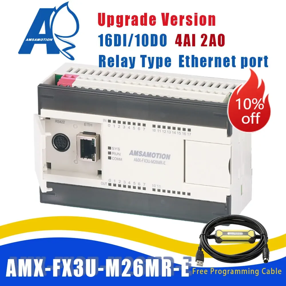 Amx-Fx3U-26Mr Ethernet Plc Compatibile Con Mitsubishi Melsec Controller Relay 2Ai/1Ao 16I/10O Modbus + Cavo Di Programmazione Clp Fx3U