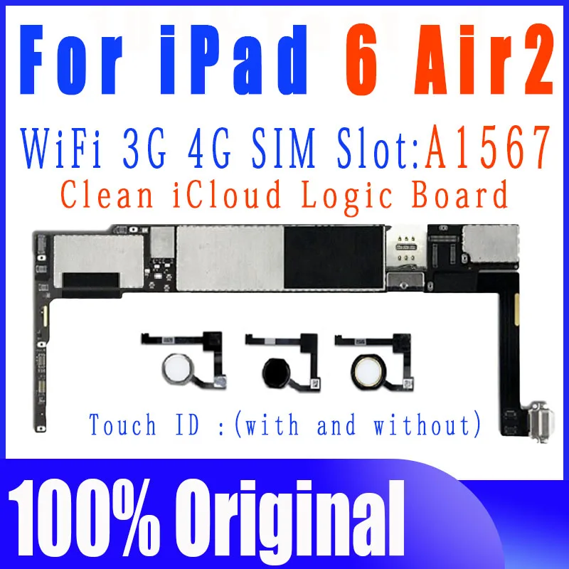 Scheda Madre A1567 Per Ipad 6 Air 2 Scheda Logica Scheda Madre Icloud Gratuito Con Touch Id Wifi Cellulare 16Gb 32Gb 64Gb 128Gb Con Ios
