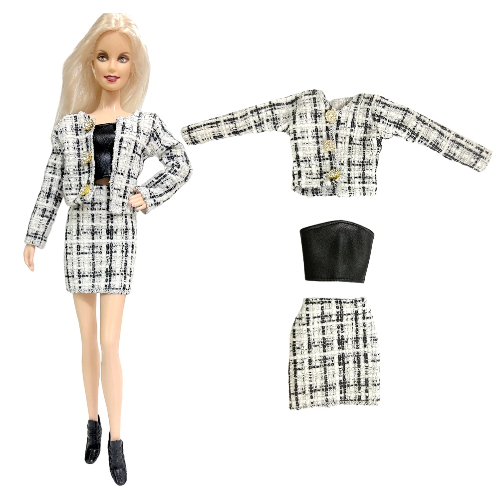 Nk New Autumn Plaid Suit Fashion Doll Clothes Vintage Casual Manica Lunga Cappotto E Gonna Outfit Per Accessori Per Bambole Barbie