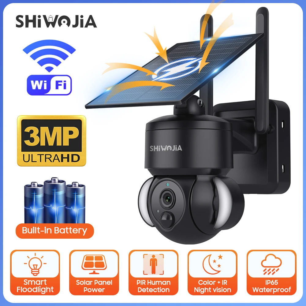 Shiwojia 3Mp Wifi Solar Camera Security Outdoor Wireless Ptz Ip Camera Night Vision Solar Panel Cctv Surveillance Garden Lights