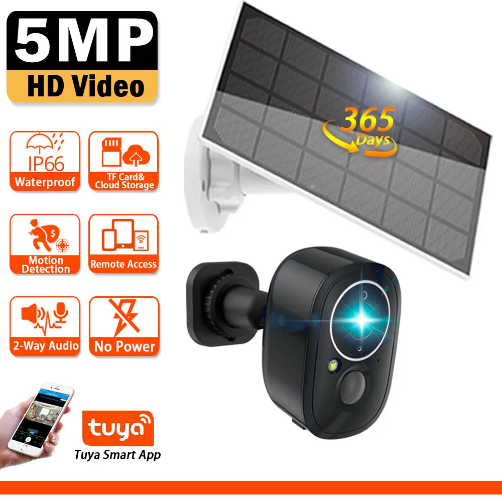 Tuya Smart Low Power Battery Camera Outdoor Waterproof Wifi 5Mp Hd Pir Motion Detect Wireless Security Cctv Camera Cloud Storage