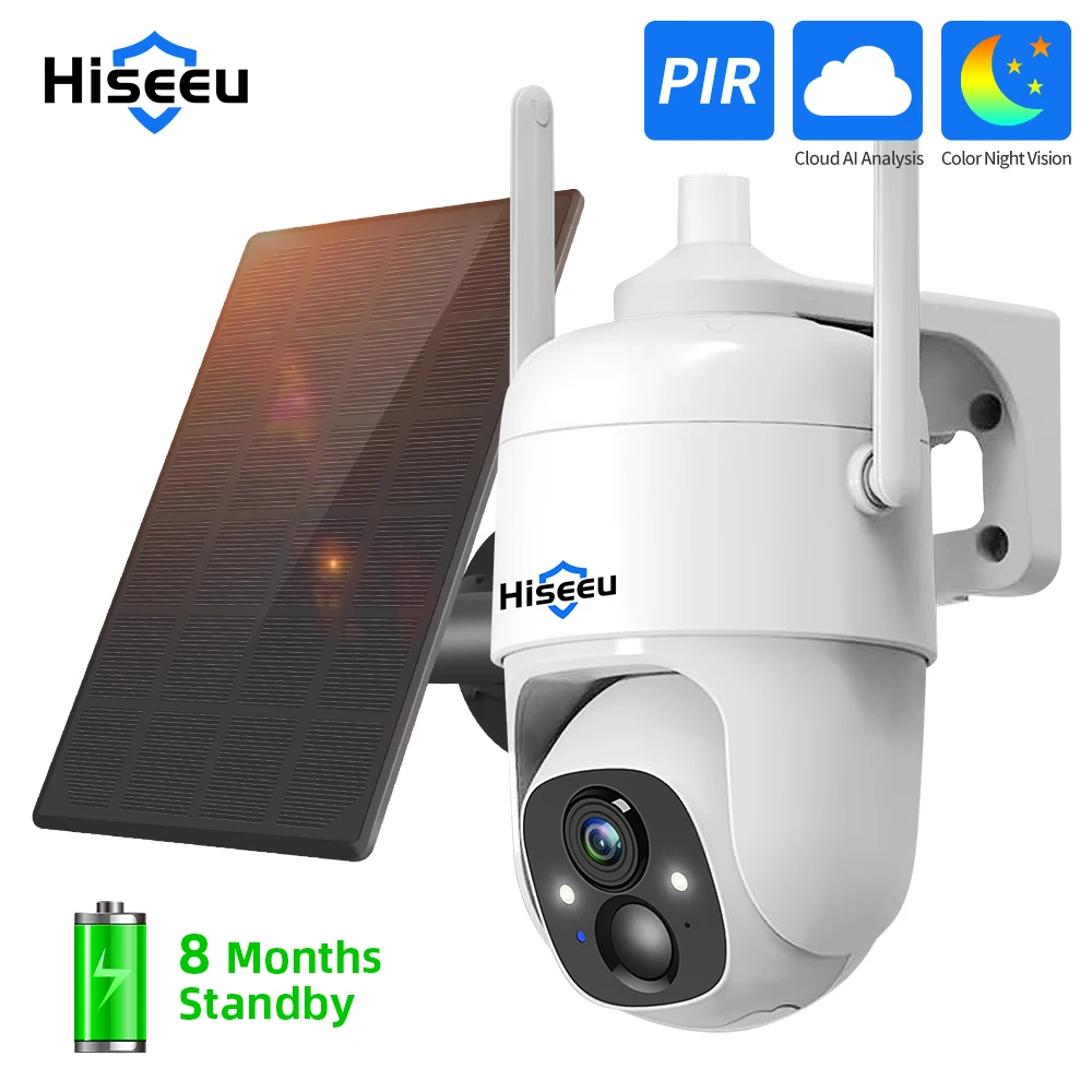 Hiseeu 3Mp Cloud Ai Wifi Videocamera Di Sorveglianza Di Sicurezza Batteria Ricaricabile Con Pannello Solare Esterno Pan & Tilt Wireless