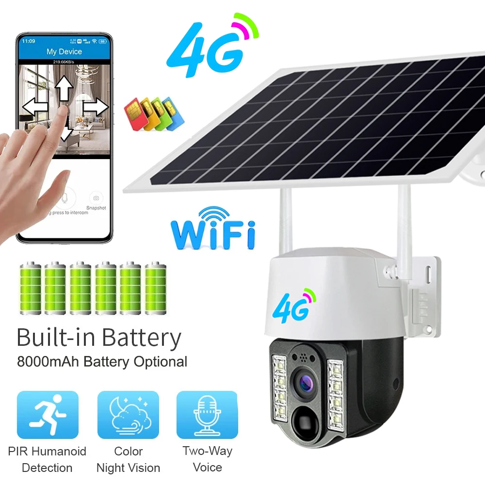 4G Sim Pannello Solare Telecamera Wifi Outdoor Cctv Camara Pir Rilevamento Umanoide Visione Notturna V380 Protezione Di Sicurezza Batteria Integrata