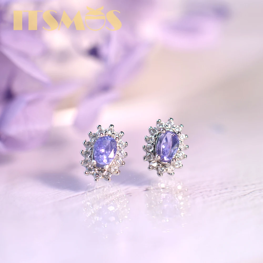 Itsmos Tanzanite Gemstone Stud Zircone Orecchini Per Le Donne Argento Sterling Classico Semplice Gioielli Regalo Di Moda Per Le Donne