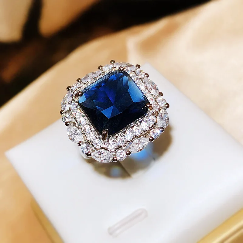 925 Silver New Luxury Set Princess Square Diamond Opening Ring Anello Di Fidanzamento Con Zaffiro Tanzanite Moda Donna