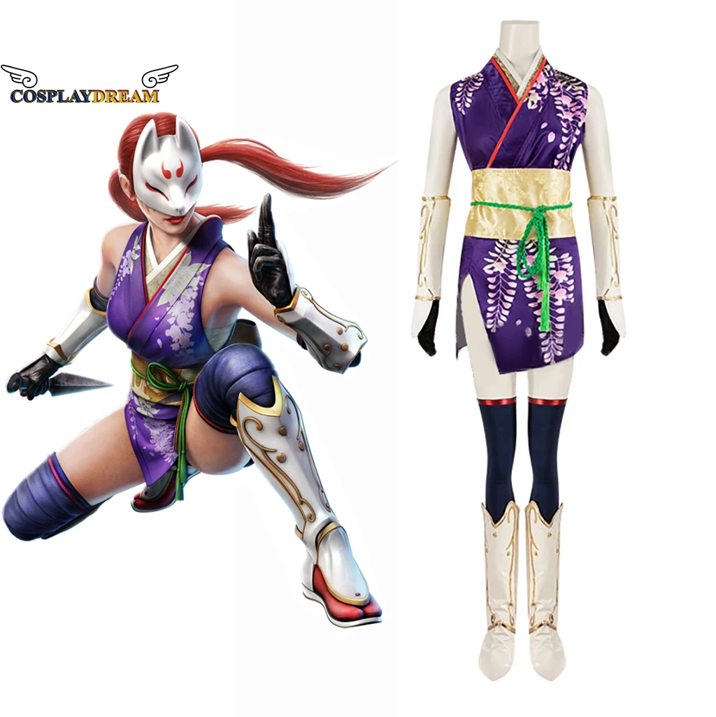 Gioco Tekken 7 Kunimitsu Costume Cosplay Outfit Kunimitsu Cosplay Vestito Viola Ragazza Sexy Cheongsam Con Guanti Calzini Vestito Vestito