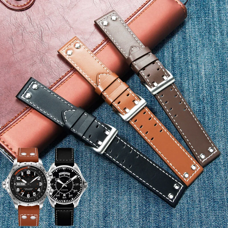 20 Mm22Mm Cinghie In Pelle Con Foro A Doppia Fila Per Hamilton Seiko Watch Band Rivet Mens Military Pilot Khaki Field Aviation Watch Belts