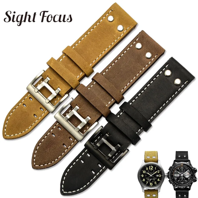 20Mm 22Mm Crazy Horse Cinturini In Pelle Di Vitello Per Hamilton Watch Band Rivet Mens Military Pilot Khaki Field Aviation Watch Cinture Uhr