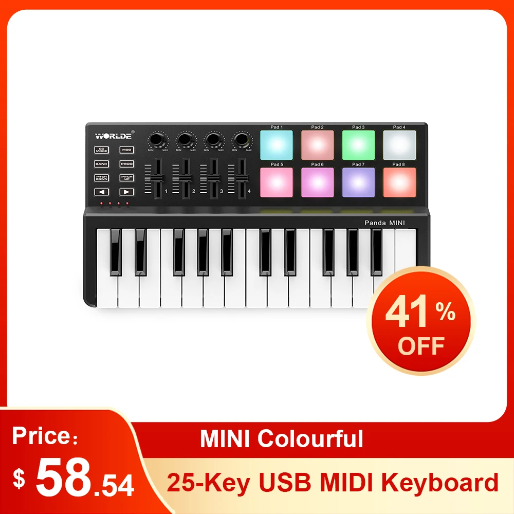 Worlde Panda Mini Ii Controller Per Tastiera Midi Usb A 25 Tasti Controller Midi Usb Con 8 Trigger Pad Retroilluminati Rgb Con Retroilluminazione Rgb