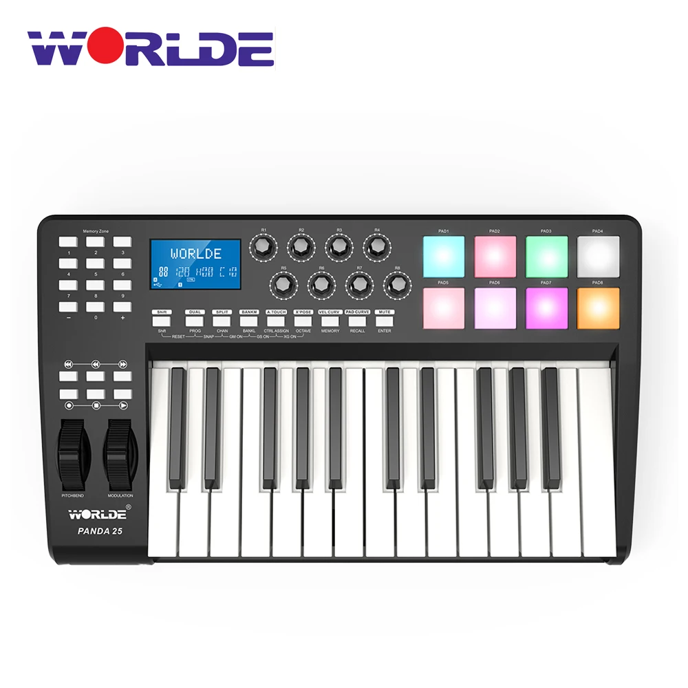Worlde Panda25 Midi Controller Compact 25 Tasti Usb Midi Keyboard Controller 8 Rgb Colorato Retroilluminato Trigger Pad Con Cavo Usb