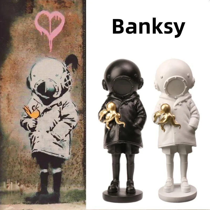 Banksy Deep Sea Diver Statue Street Artistic Diver Girls Sculpture Resin Octopus Girls Figurines Desktop Ornaments Home Decor