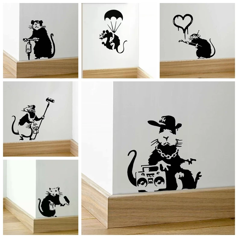 Spedizione Gratuita Banksy Rat Wall Stickers Modern Fashion Wall Sticker Per Camerette Per Bambini Sfondo Wall Art Decal Drop Shipping