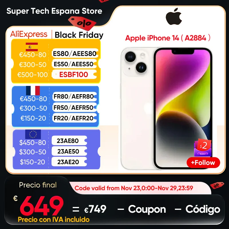 Nuovo Originale Apple Iphone 14 A2884 Ios 16 Apple A15 Bionic Dual Sim Ip68 Smartphone Nfc 5G Resistente Alla Polvere/All'Acqua