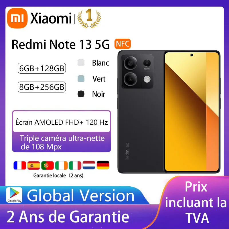 Xiaomi Redmi Note 13 5G, Smartphone, Nfc, Mediatek Dimensity 6080, Schermo Amoled Da 6,67", 120Hz, Ricarica Rapida Da 33 W, Fotocamera Da 108 Mp, Vers