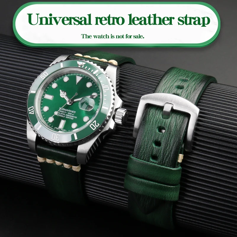 Accessori Per Orologi Universali In Vera Pelle 20Mm 22Mm 24Mm Cinturino Per Rolex Green Water Ghost Rado Traditon Retro Cinturino In Pelle Bovina