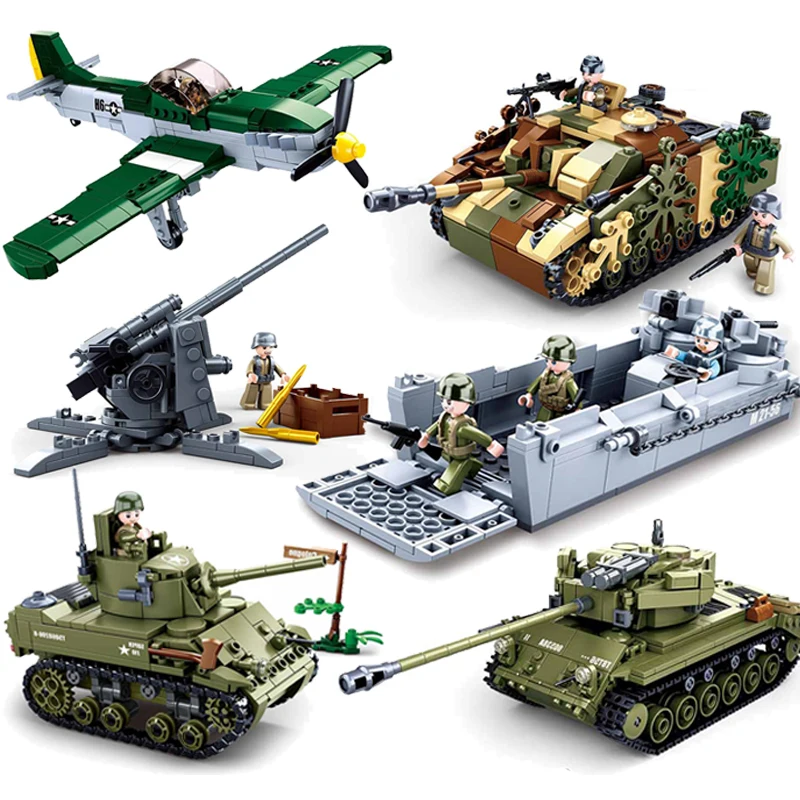 Sluban Ww2 Military Normandy Landing Tank Airs Jeep Boat Model Building Blocks Soldier Set Dolls Brick Kids Toys Gifts