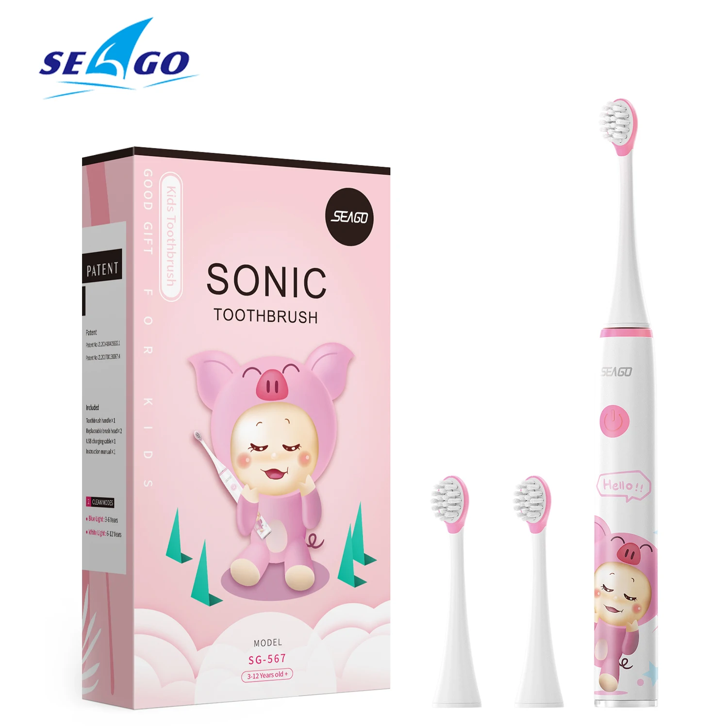 Seago Sk3 Kids Sonic Spazzolino Elettrico Ricaricabile Per Lingua Morbida Smart Timer 3-12 Anni