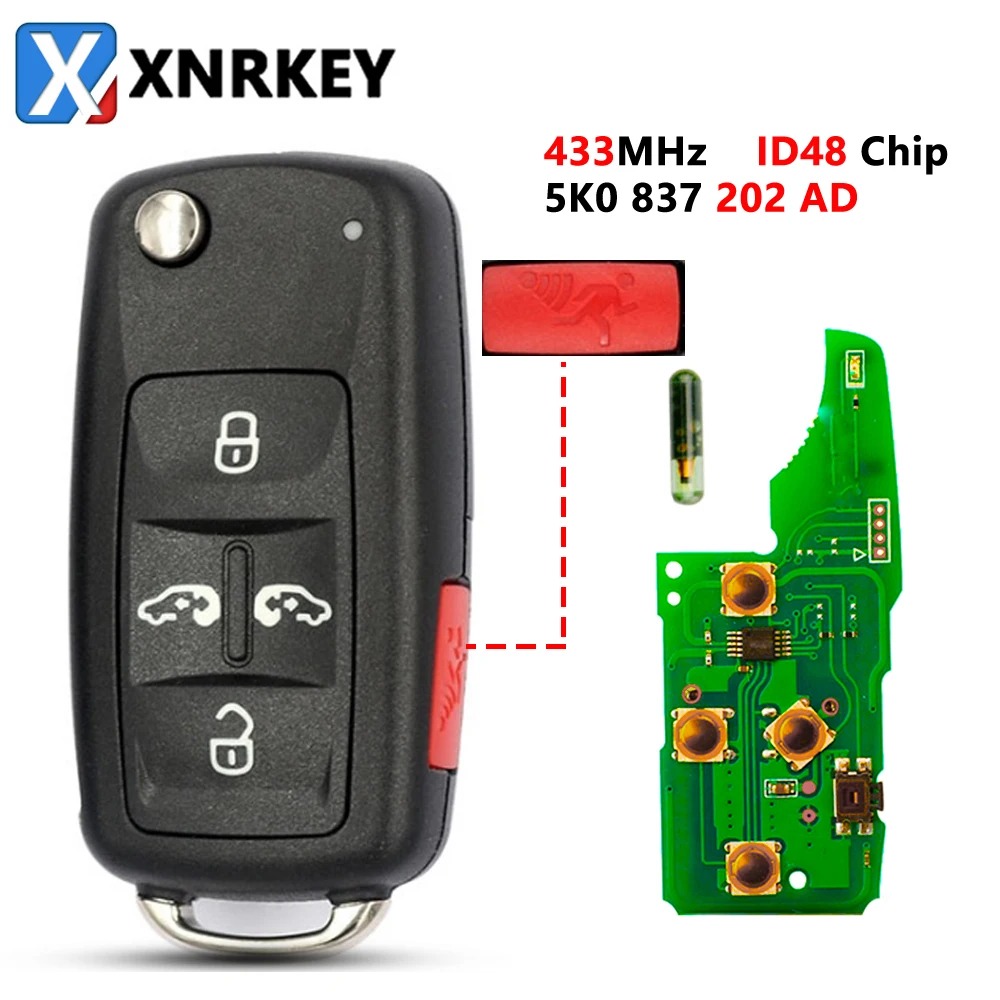 Xnrkey 5 Pulsanti Auto Flip Chiave A Distanza Id48 Chip 433Mhz Per Vw Volkswagen Sharan Multivan Caravelle Sostituzione Chiave Auto 5K0837202Ad