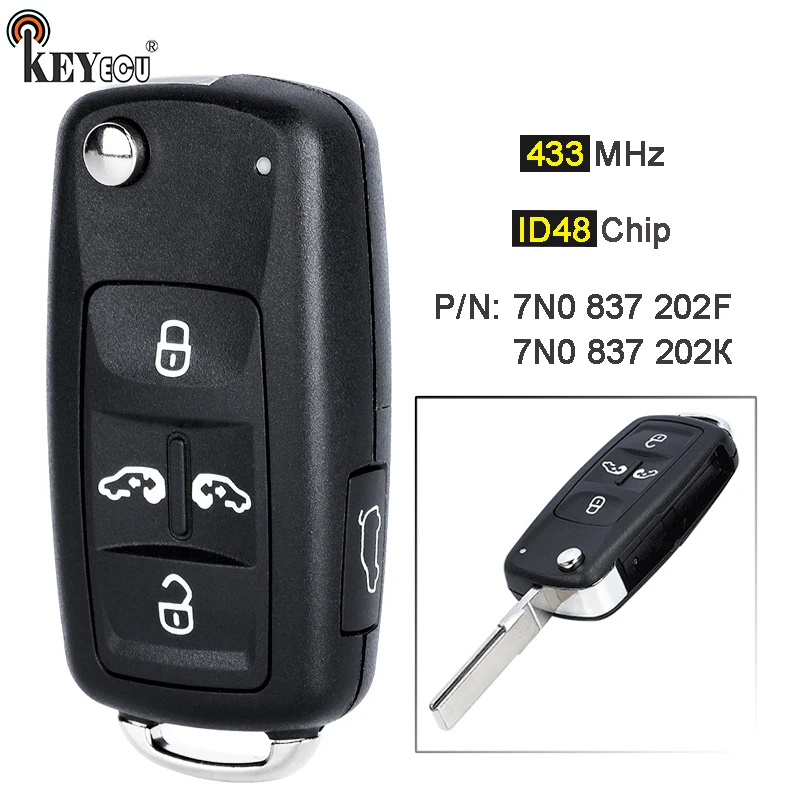 Keyecu 434Mhz Id48 Chip 7 N0 837 202 Milwau/ 7 N0 837 202 F 5 Pulsanti Flip Remote Key Fob Per Vw Volkswangen Multivan Sharan 2011-2016