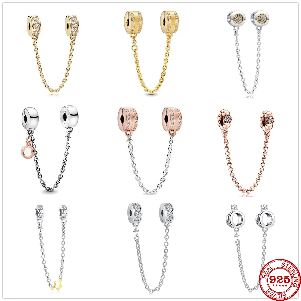 Argento 925 Sparkling Clear Sparkle Crown Pea Catena Di Sicurezza Charm Bead Fit Braccialetto Pandora Originale Pandora Gioielli Fai Da Te Per Le Donn