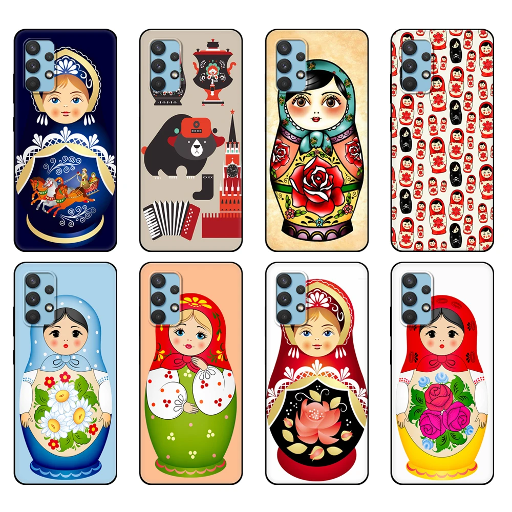 Custodia In Tpu Nera Per Samsung Galaxy A12 A22 A32 A42 A52 A72 4G 5G S21 Plus Ultra Back Russian Matryoshka Dolls Pattern Cute Luxury