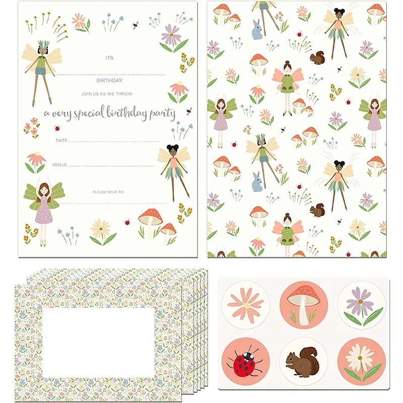 12Pcs Woodland Tea Party Invito Card Con Adesivo Foresta Bambini Compleanno Festa Di Pasqua Fata Fiore Baby Shower Invito Card