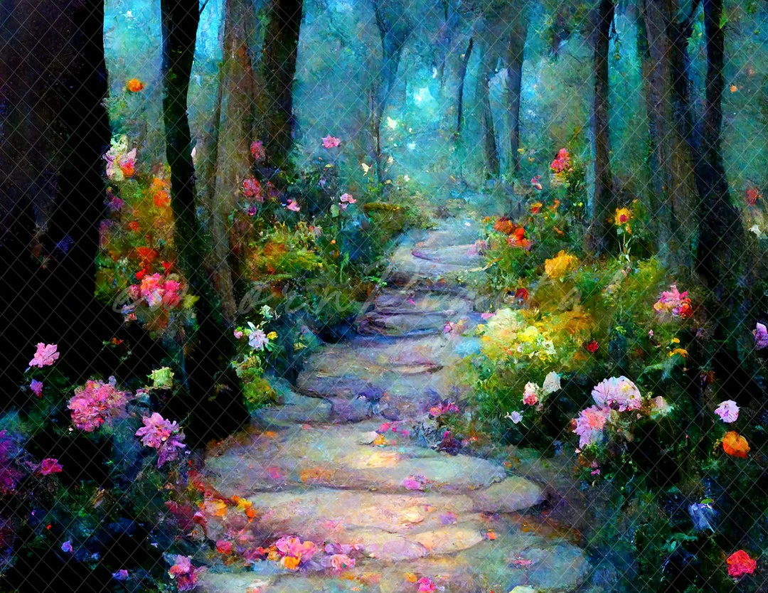 Magic Forest Woodland Fairy Flower Incantato Road Tree Fondali Computer Print Scenic Photography Studio Sfondi