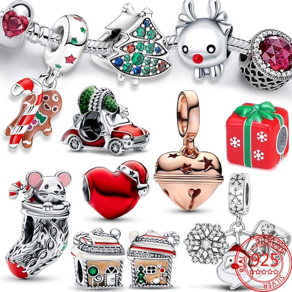 2023 Original Christmas Car & Tree Renna Mouse Charm Red Heart Beads Fit Bracciale Pandora Plata De Ley 925 Regalo Di Gioielli