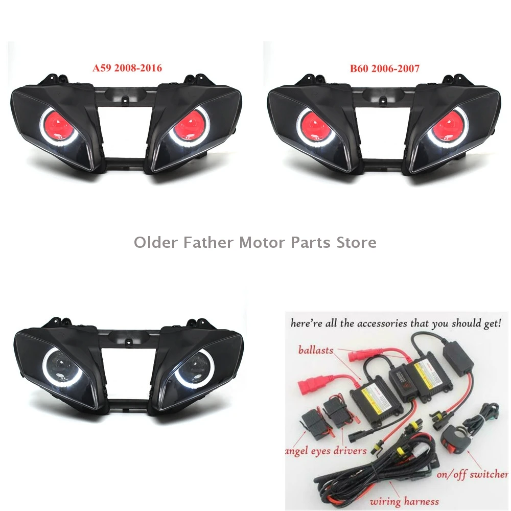Moto Custom Angel Eyes Led Faro Faro Completamente Assemblato Faros Led Moto High/Low Beam Head Light Per Yamaha Yzf R6