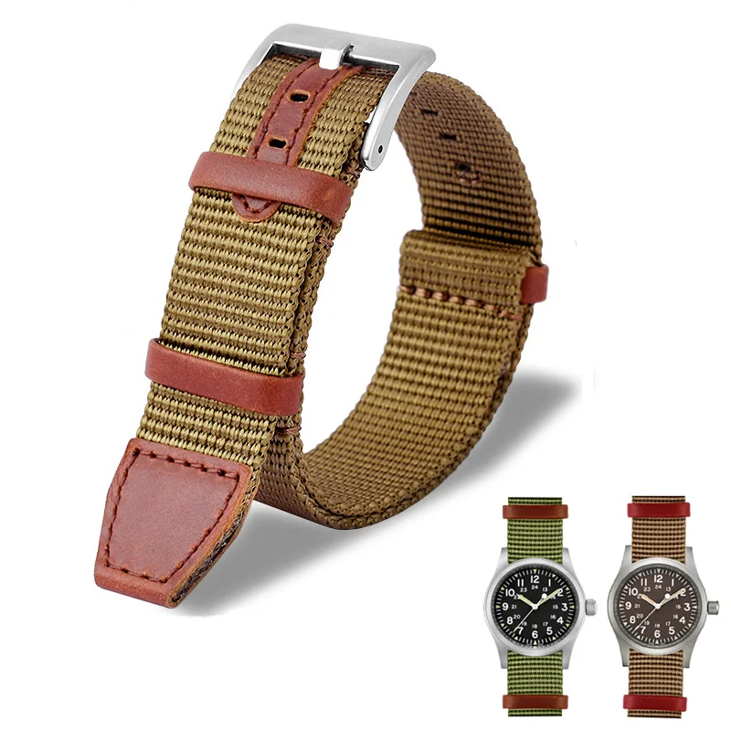 20Mm 22Mm Nylon Intrecciato + Cinturino In Vera Pelle Per Hamilton Khaki Green Field Watch H69439931 441 Cinturino Sportivo Da Uomo All'Aperto