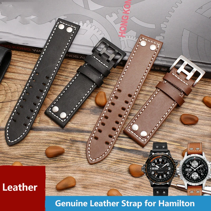 Cinturino In Vera Pelle Per Hamilton Seiko Cinturino Per Orologio Rivetto Uomo Pilota Militare Khaki Field Aviation 20Mm 22Mm Accessori