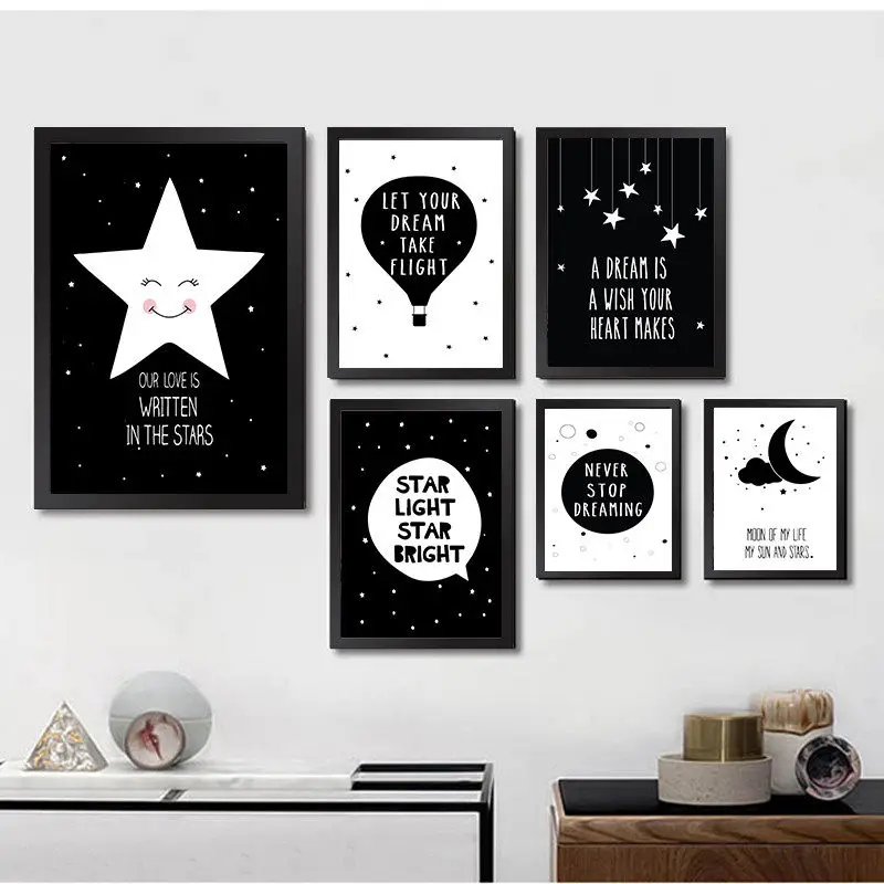 Nursery Wall Art Poster Little Star Bambini Canvas Painting Black White Star Quote Art Wall Pictures