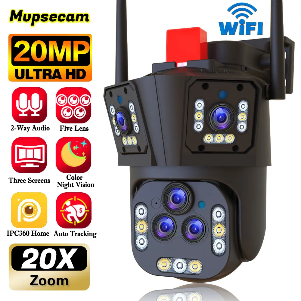 Ultra 20Mp 10K Wifi Telecamera Di Sorveglianza Telecamera Esterna A Cinque Obiettivi Ptz 20X Zoom Smart Home Ai Human Tracking Telecamera Cctv Wireles