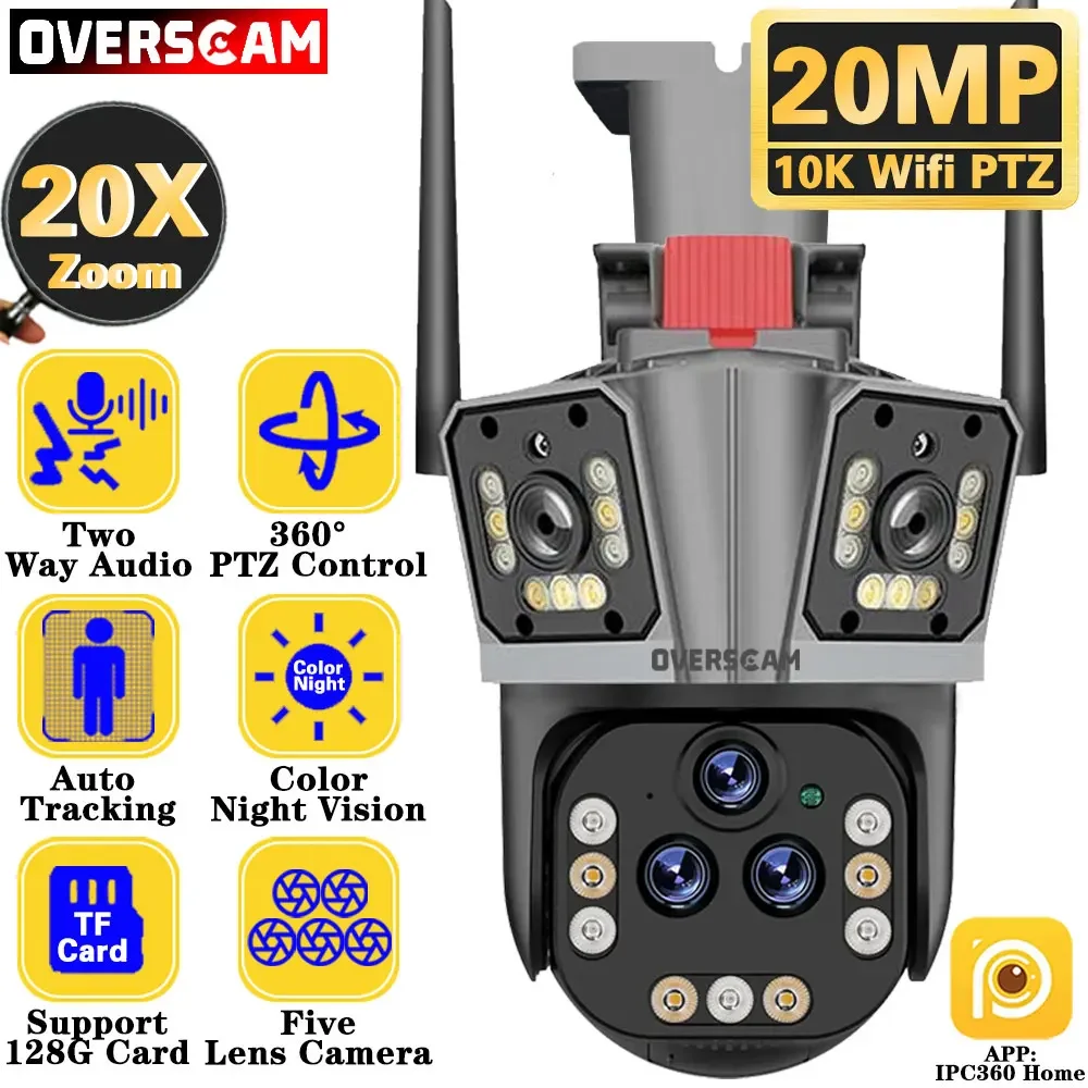 Ultra 20Mp 10K Wifi Telecamera Di Sorveglianza Telecamera Esterna A Cinque Obiettivi Ptz 20X Ptz Zoom Smart Home Human Tracking Telecamera Cctv Wirele