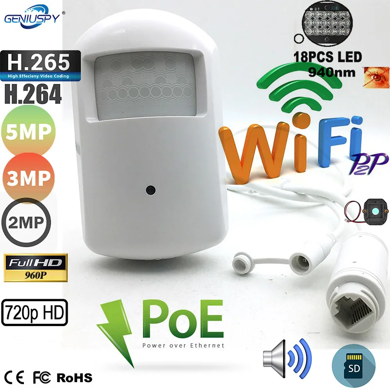 Wifi Poe 5Mp Imx335 2Mp Imx307 Pir Housing Indoor Mini Ip Camera Wireless Tf Card Security Invisible 940Nm Ir Microfono Integrato Camhi