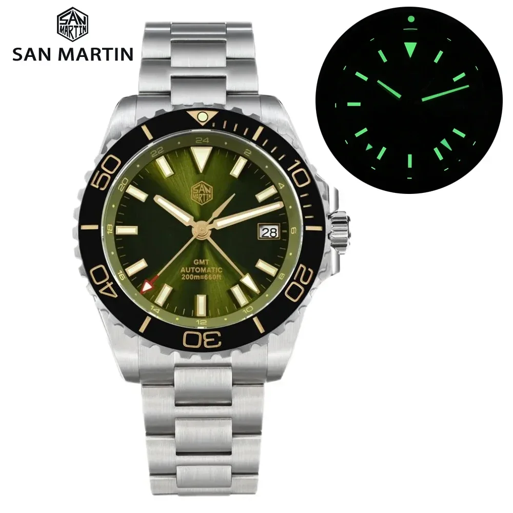 Orologio Da Uomo Sportivo San Martin 39Mm Gmt Nh34 Orologi Da Immersione Meccanici Automatici Quadrante Smaltato Orologio Da Polso Impermeabile 20Bar 