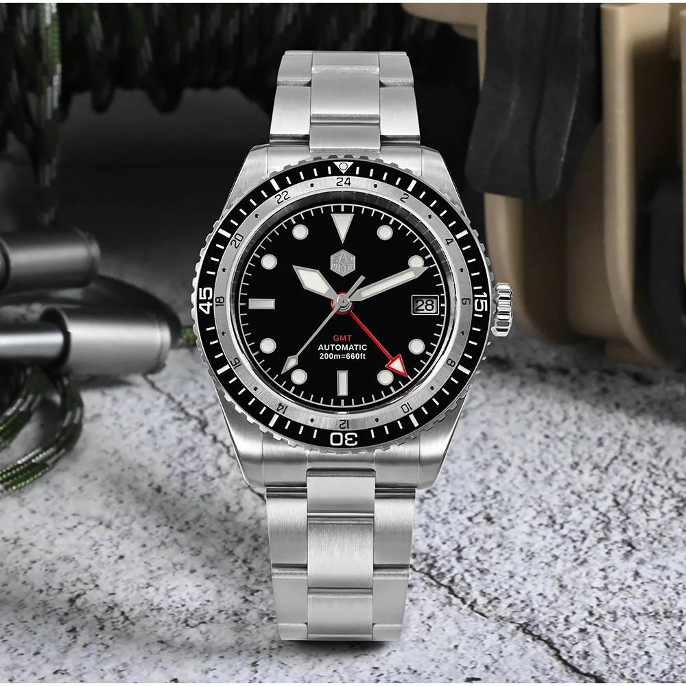Orologio Subacqueo Da Uomo San Martin Nh34 Gmt Lunetta Bidirezionale Business Zaffiro Meccanico Automatico Impermeabile 200M Data Luminosa