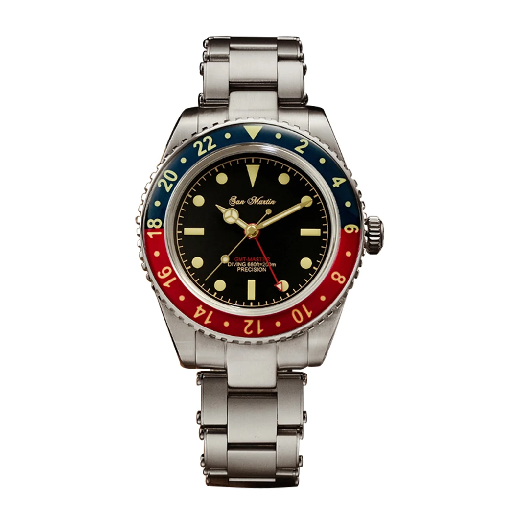 San Martin Mens Diver Watches, Men Automatic Watch Gmt Retro Water Ghost Orologio Da Polso Meccanico Lusso 200M Impermeabile Luminoso