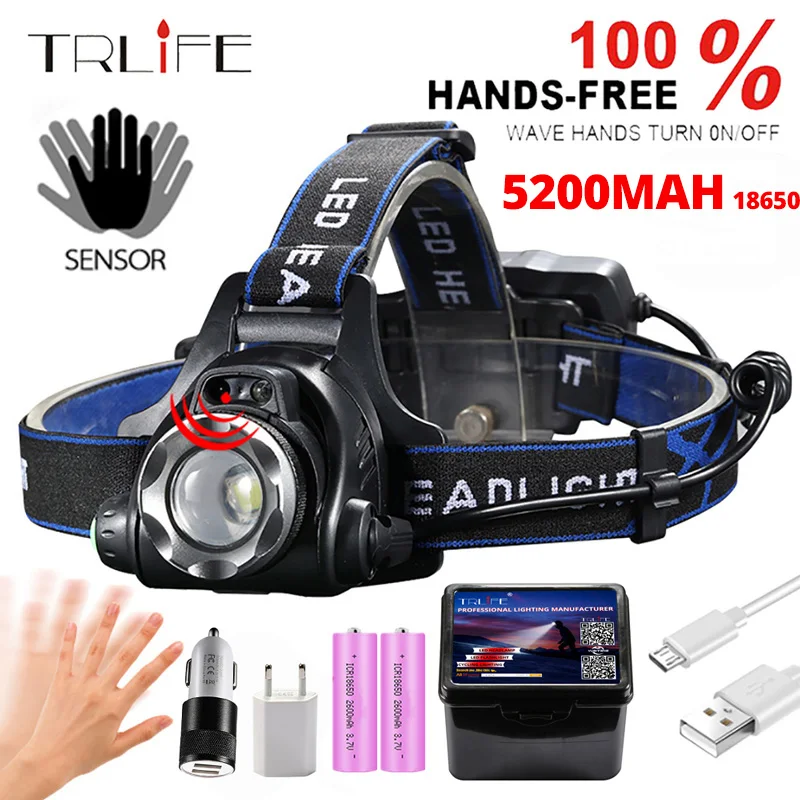 8000Lm Potente Faro A Led Sensore Ir Faro T6/L2/V6 Torcia Da Pesca Ricaricabile Usb Zoom Lanterna Impermeabile 5200Mah/2600Ma