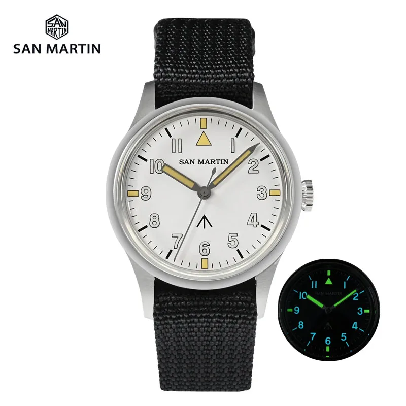 San Martin New Field Watches 36Mm Pilot Watch Vh31 Sweep Second Quartz Waterproof 100M Luminoso Orologio Da Polso Militare Per Uomo