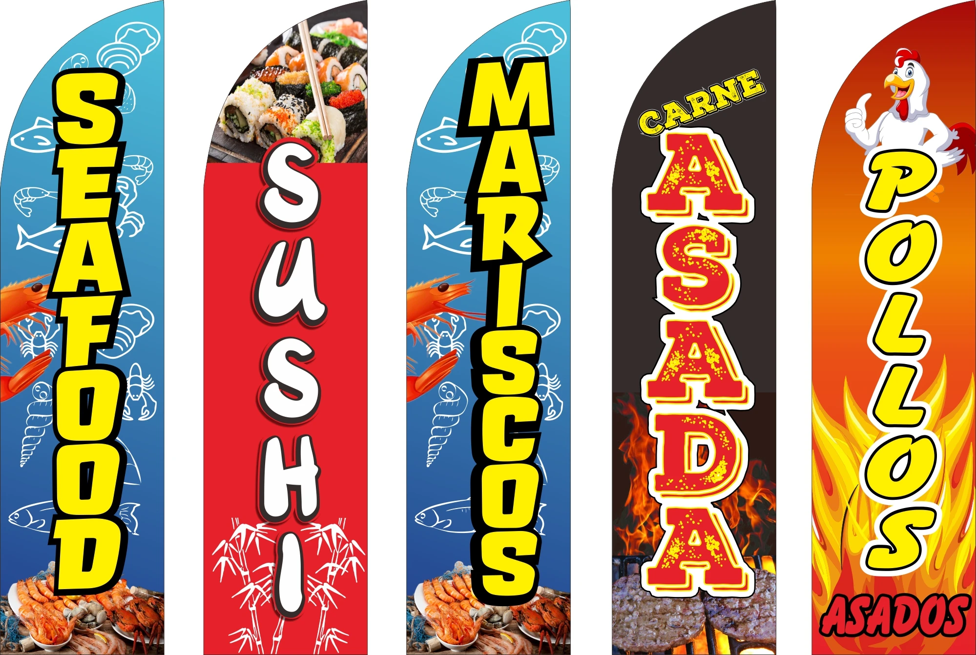 Bandiera Piuma Beach Blow Blade Knife Banner Frutti Di Mare Sushi Pollo Arrosto Carne Di Maiale Manzo Bbq Hamburg Pollos Asada Barbacoa Beer