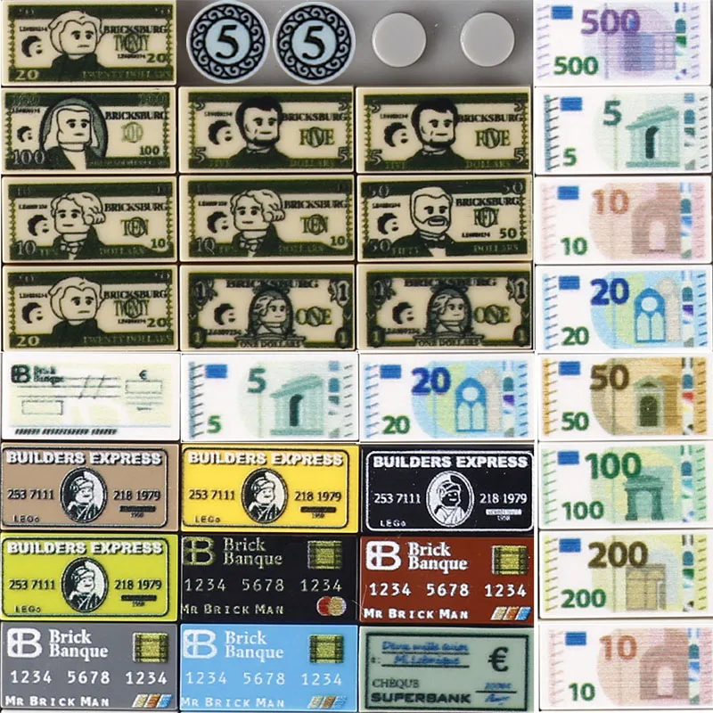 Moc Paper Money Printed Tiles Treasure Bank Card Euro Cash Dollar Building Blocks Greenback Bill Bricks Toys Regalo Compatibile