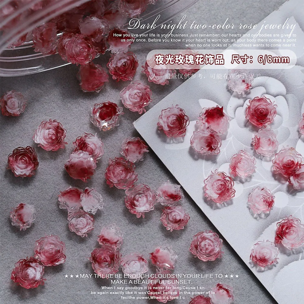 50Pcs Dark Night Red Rose Nail Charms Bicolore Camelia Retro Nail Art Decorazioni 3D Strass Unghie Resina Charms Flatback