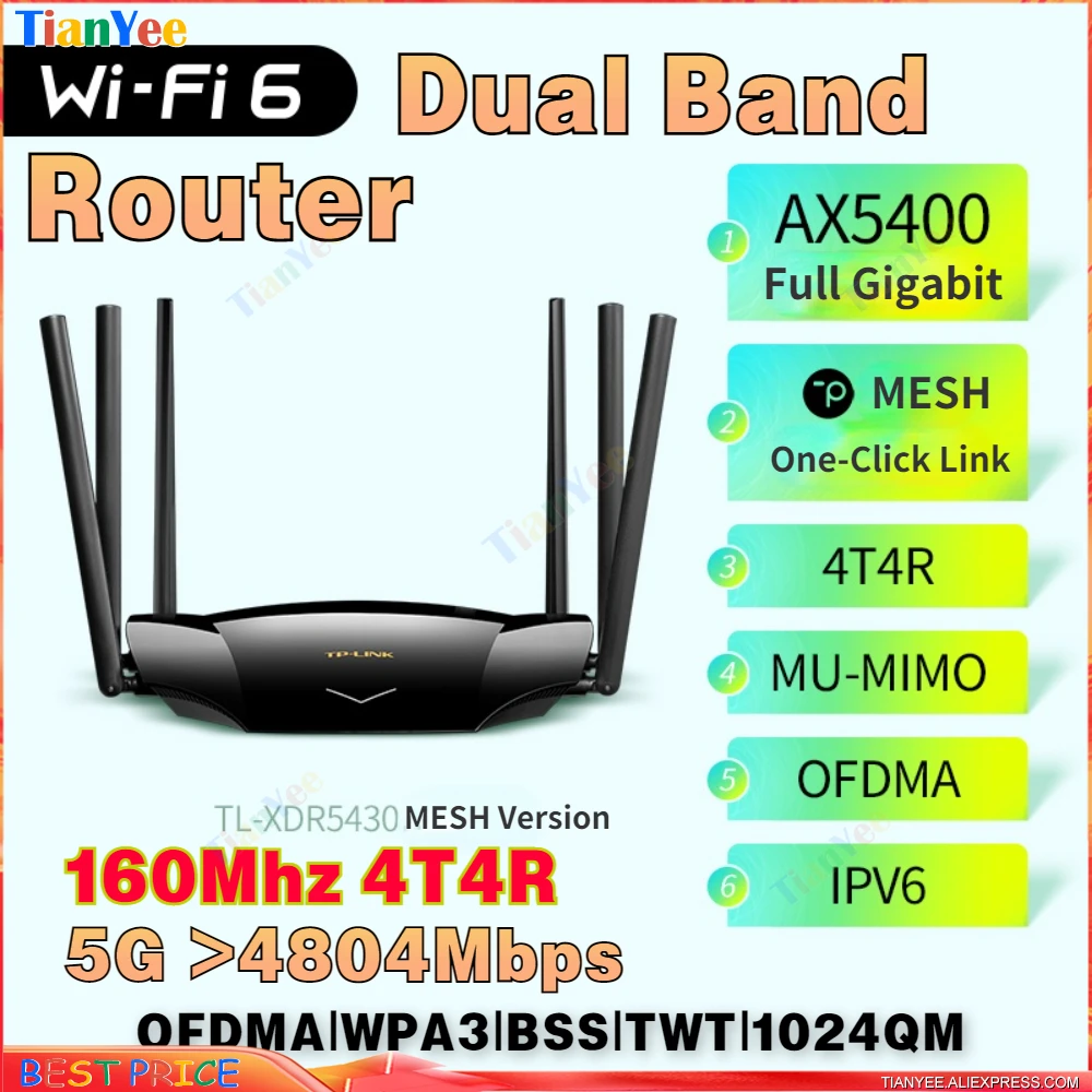 Tp/Link Wifi6 Dual-Band Ax5400M Ipv6 5G Wifi 4804M Full-Gigabit Mesh Fiber Wall-Penetrato Super Speed Xdr5430 Router Wireless